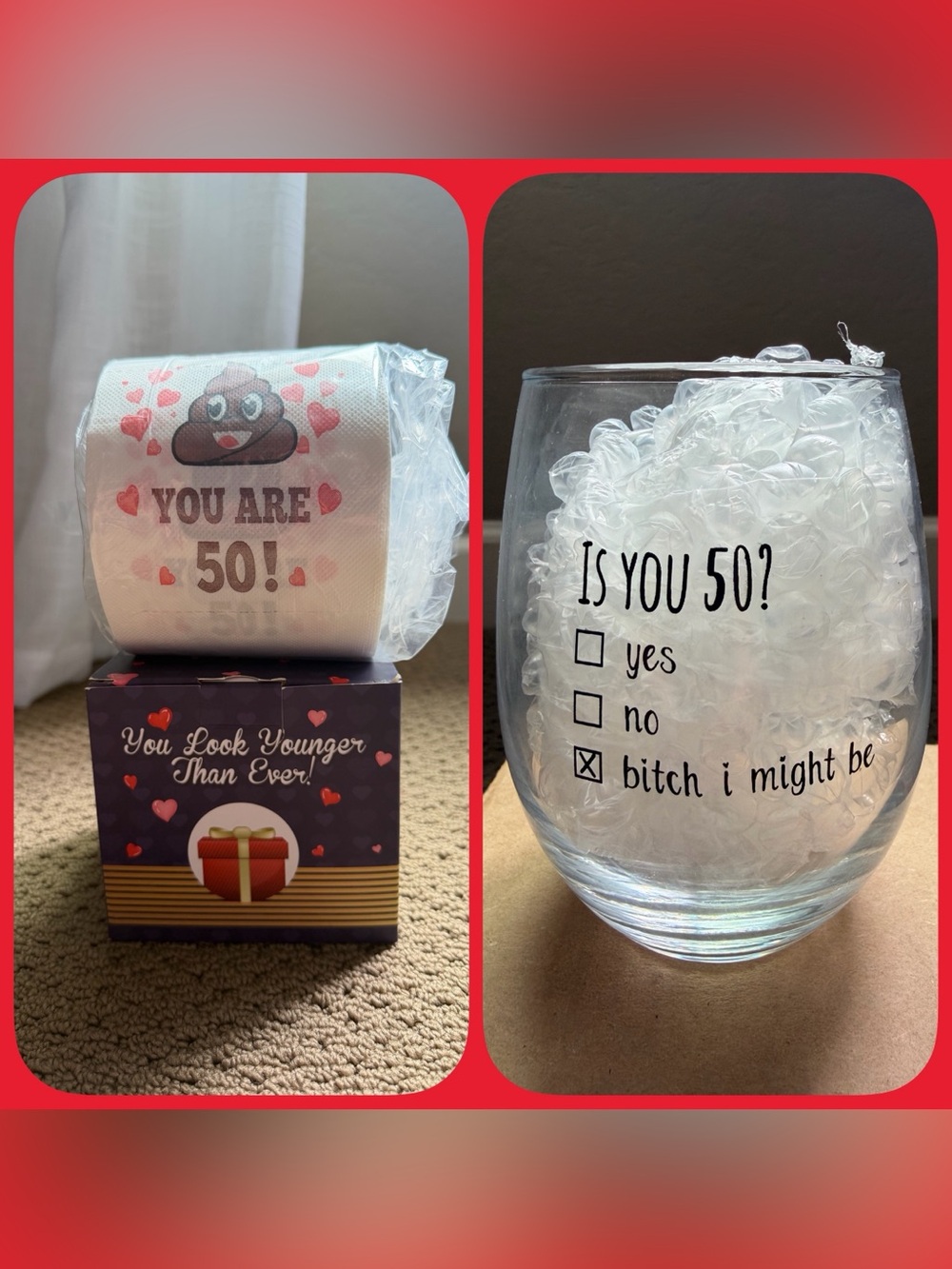 Funny 50th Birthday Toilet Paper and Wine Glass Gift Set
